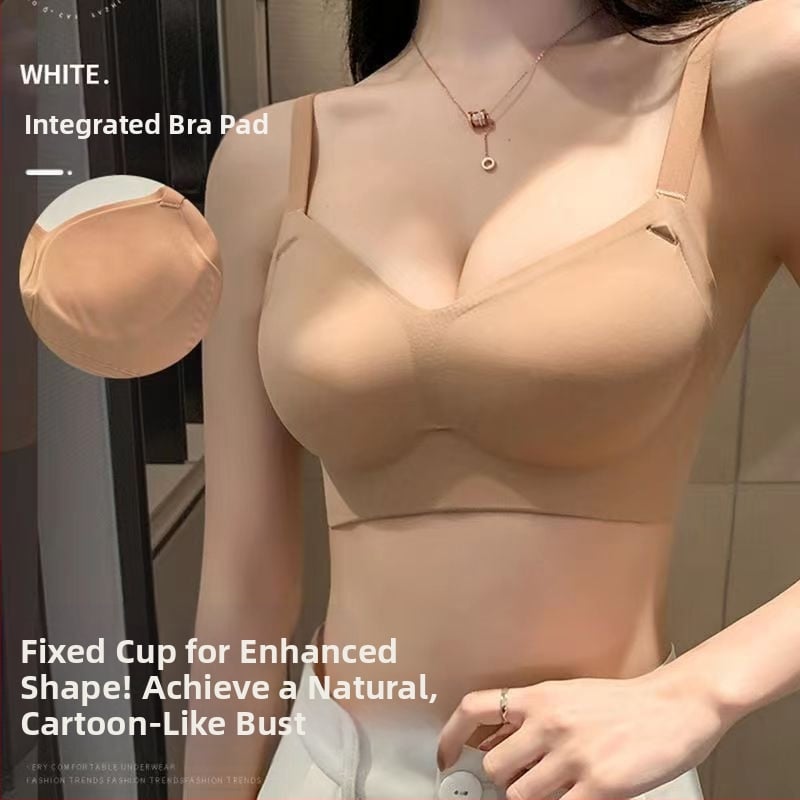 Sutien fără sârmă, cupe modelate cu partea superioară subțire și partea inferioară mai groasă; material principal nailon, căptușeală spandex; bretele fixe duble; închidere pe spate cu trei rânduri de catarame