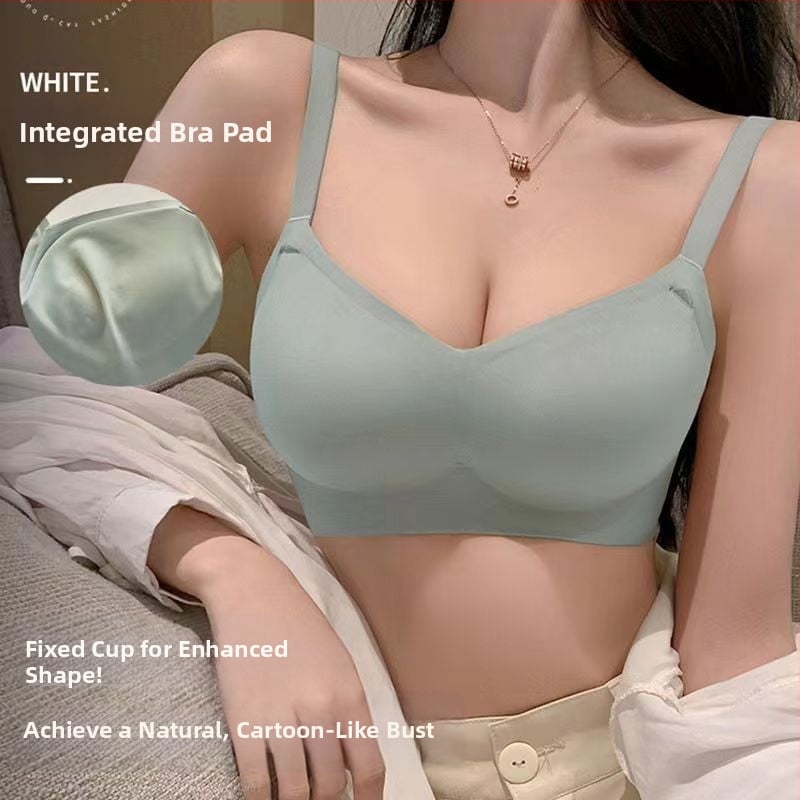 Sutien fără sârmă, cupe modelate cu partea superioară subțire și partea inferioară mai groasă; material principal nailon, căptușeală spandex; bretele fixe duble; închidere pe spate cu trei rânduri de catarame