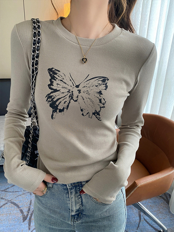 Дамска тениска с дълъг ръкав — памук 90–95%, кръгла яка, тясна кройка, стил: японски/корейски лайфстайл