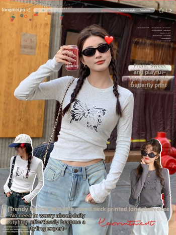 Γυναικείο μακρυμάνικο T-shirt — βαμβάκι 90–95%, στρογγυλή λαιμόκοψη, στενή εφαρμογή, ιαπωνοκορεατικό casual στυλ