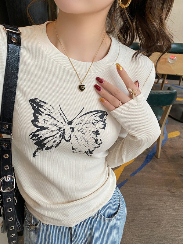 Дамска тениска с дълъг ръкав — памук 90–95%, кръгла яка, тясна кройка, стил: японски/корейски лайфстайл