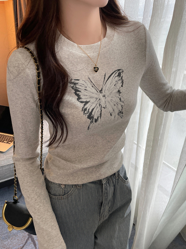 Дамска тениска с дълъг ръкав — памук 90–95%, кръгла яка, тясна кройка, стил: японски/корейски лайфстайл