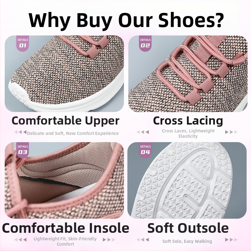 Pantofi de alergare pentru femei: partea superioară respirabilă din poliester, căptușeală din plasă, branț EVA, talpă din PVC, închidere cu șiret în față