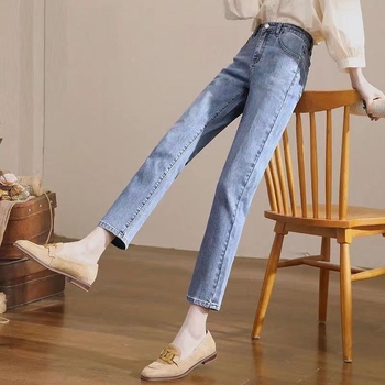 Дънки с висока талия, straight-leg, градски стил, деним, 95% памук, дължина 9/10
