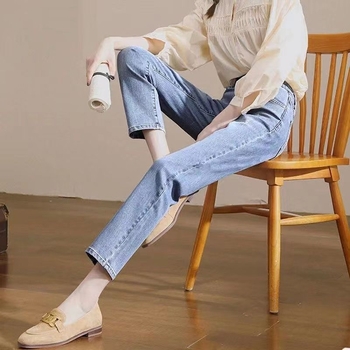 Дънки с висока талия, straight-leg, градски стил, деним, 95% памук, дължина 9/10