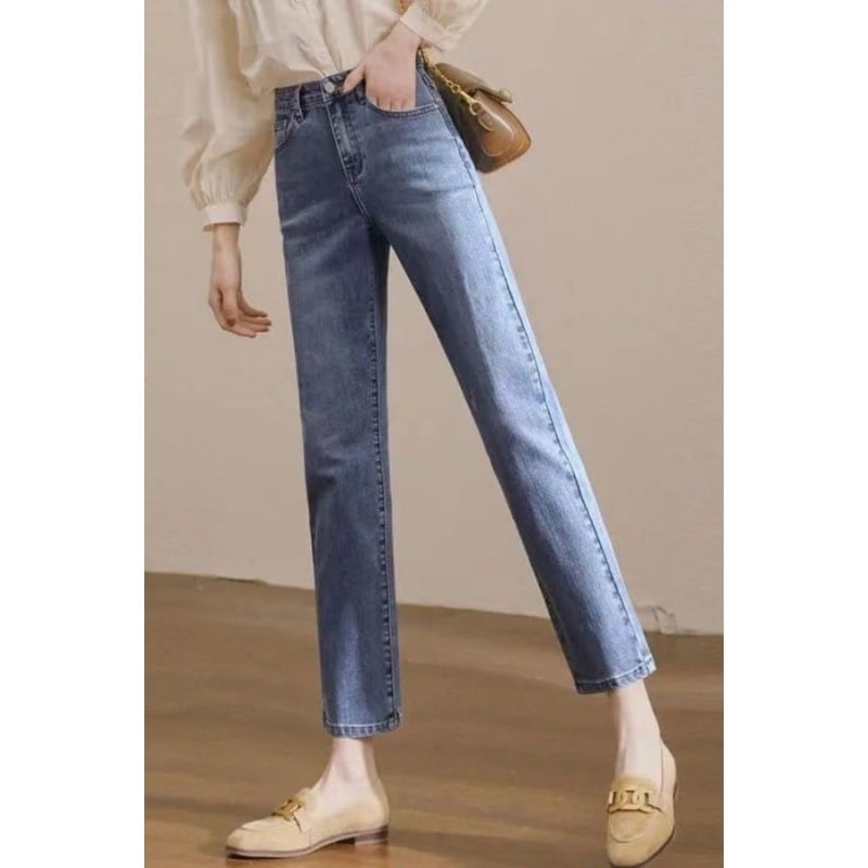 Дънки с висока талия, straight-leg, градски стил, деним, 95% памук, дължина 9/10