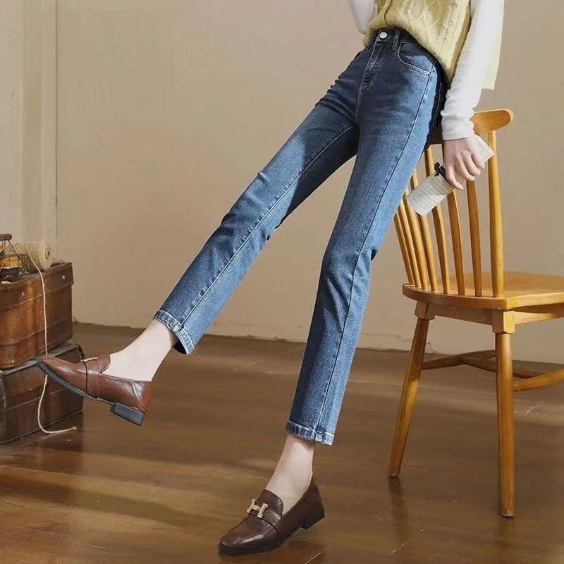 Дънки с висока талия, straight-leg, градски стил, деним, 95% памук, дължина 9/10