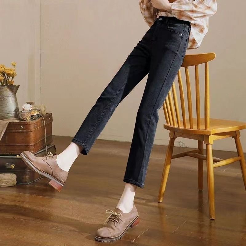 Дънки с висока талия, straight-leg, градски стил, деним, 95% памук, дължина 9/10