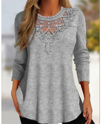 Γυναικεία δαντελένια μπλούζα με μακριά μανίκια, casual στυλ, πουλόβερ, πολυεστέρας 70–80%, λαιμός σχήματος U