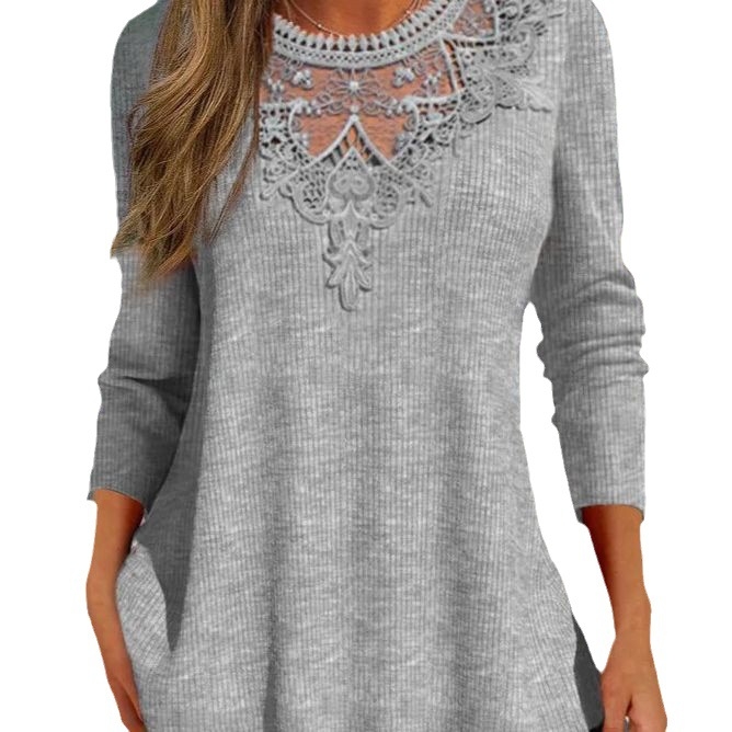 Женска дантелена блуза с дълги ръкави, пуловер стил, полиестер 70–80%, У-образна яка, ежедневен стил