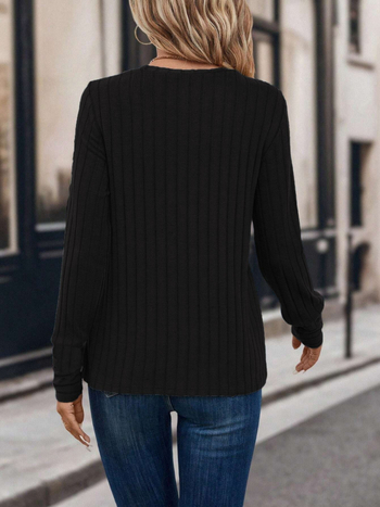 Μπλούζα T με ριμπ ύφανση, πολυεστέρας-σπαντεξ, μονόχρωμη, κυκλικός λαιμός, μακριά μανίκια, χαλαρή γραμμή