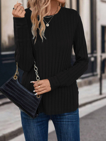 Μπλούζα T με ριμπ ύφανση, πολυεστέρας-σπαντεξ, μονόχρωμη, κυκλικός λαιμός, μακριά μανίκια, χαλαρή γραμμή