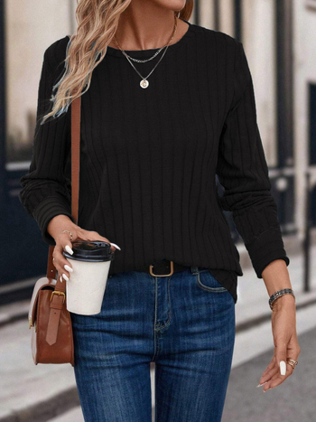 Μπλούζα T με ριμπ ύφανση, πολυεστέρας-σπαντεξ, μονόχρωμη, κυκλικός λαιμός, μακριά μανίκια, χαλαρή γραμμή