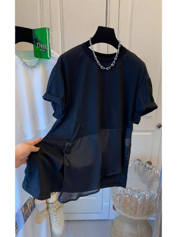 Тениска с ретро китайски стил, свободна кройка, къси ръкави, кръгло деколте, полиестер 70–80%