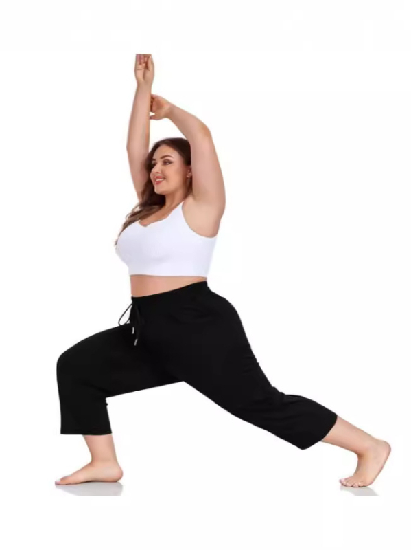 Moteriški cropped pločio jogkelniai su elastine juosta, poliesteris (95%+), vidutinio storio