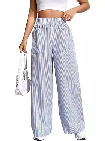 Дамски панталони с райета, висока талия, свободна кройка и широк крачол, полиестер със спандекс (95% полиестер)