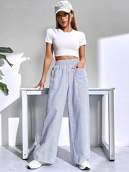 Дамски панталони с райета, висока талия, свободна кройка и широк крачол, полиестер със спандекс (95% полиестер)