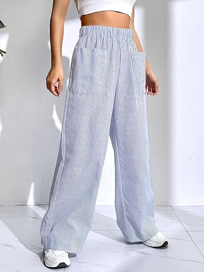 Дамски панталони с райета, висока талия, свободна кройка и широк крачол, полиестер със спандекс (95% полиестер)