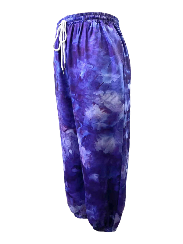 Moterų sportinės kelnės su aukštu juosmeniu ir raišteliu, poliesteris, skaitmeninis spausdinimas, laisvas kirpimas