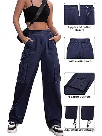 Дамски карго панталони с висока талия, широки крачоли, полиестер твил, леки, микроеластични.