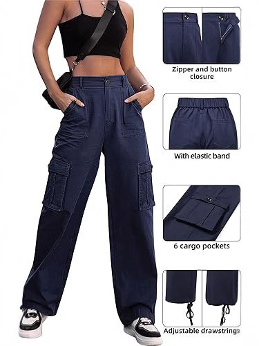 Дамски карго панталони с висока талия, широки крачоли, полиестер твил, леки, микроеластични.