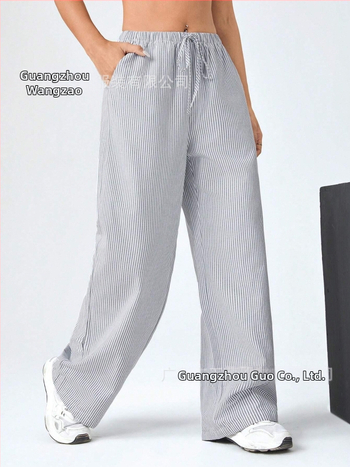 Женски широки спортни панталони с връзка за стягане, райета, висока талия, тънък плат, полиестер 95%+