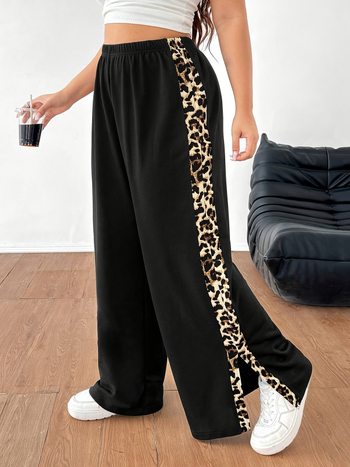 Pantalone s leopard uzorkom, široke nogavice, poliester 95%+, jesen 2024, za žene