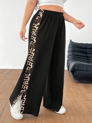 Pantalone s leopard uzorkom, široke nogavice, poliester 95%+, jesen 2024, za žene