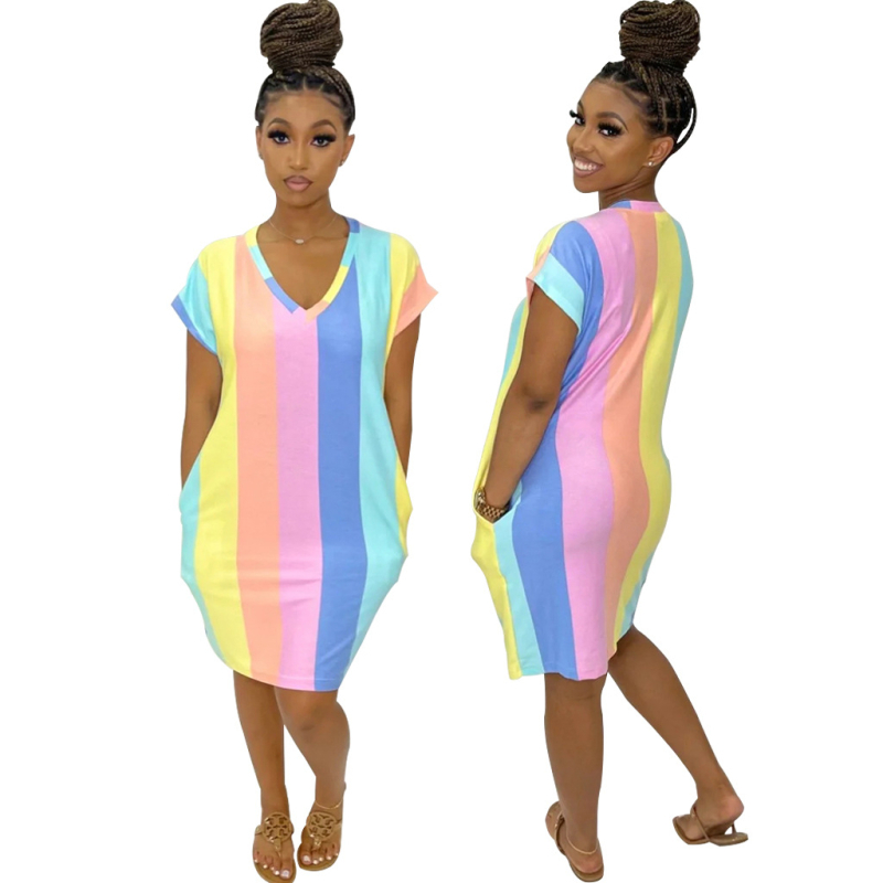 Rochie de damă cu decolteu în V, imprimare digitală, fustă midi neregulată, mâneci scurte, poliester