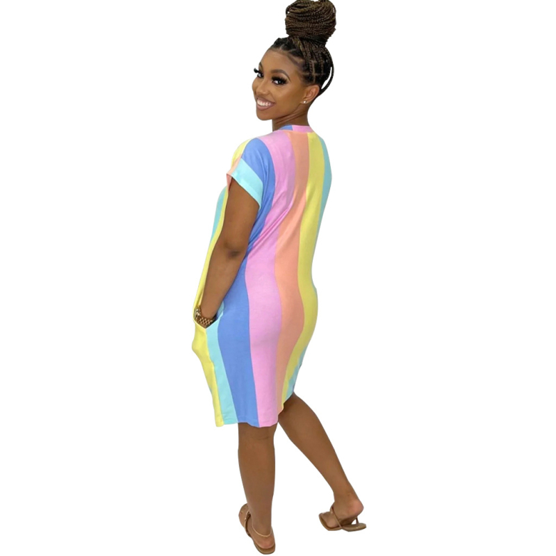 Rochie de damă cu decolteu în V, imprimare digitală, fustă midi neregulată, mâneci scurte, poliester