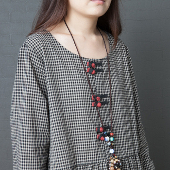 Φόρεμα, καρό ύφασμα από βαμβάκι και λινό, με στρογγυλό λαιμό, μακριά μανίκια, μίντι μήκος, Guofeng ρετρό στυλ