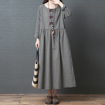 Rochie, țesătură în carouri din bumbac și in, guler rotund, mâneci lungi, lungime midi, stil retro Guofeng