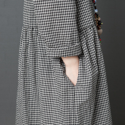 Rochie, țesătură în carouri din bumbac și in, guler rotund, mâneci lungi, lungime midi, stil retro Guofeng