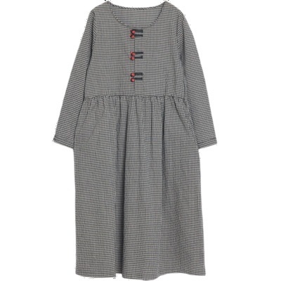 Rochie, țesătură în carouri din bumbac și in, guler rotund, mâneci lungi, lungime midi, stil retro Guofeng