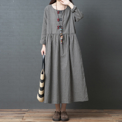 Rochie, țesătură în carouri din bumbac și in, guler rotund, mâneci lungi, lungime midi, stil retro Guofeng