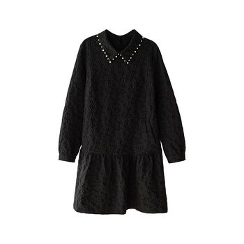 Рокля с мъниста, поло яка, дълги ръкави, А-линейна кройка, средна дължина