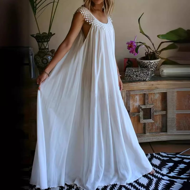 Rochie din bumbac cu decolteu în formă U, fără mâneci, lungă, fără nasturi