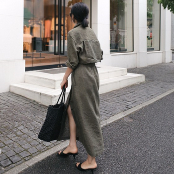 Φόρεμα-πουκάμισο με μακριά μανίκια, βαμβάκι-λινό, γιακά τύπου λαπέλ/πόλο, μακριά φούστα, φαρδιά μέση