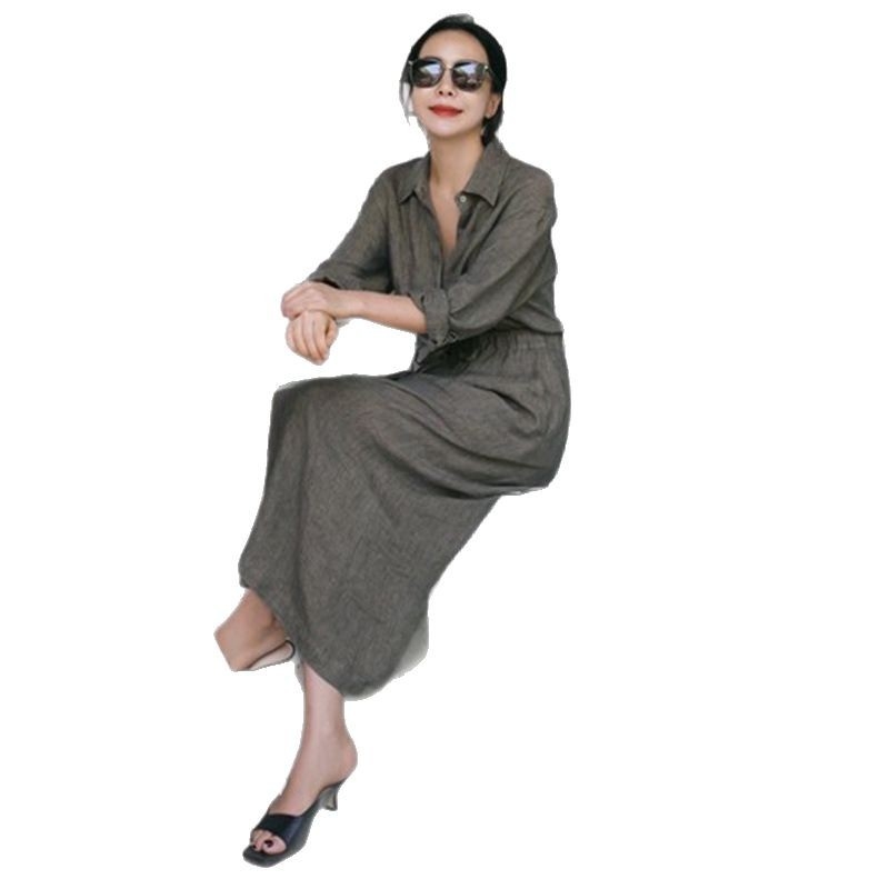 Риза рокля с дълъг ръкав, памук и лен, яка тип лац/поло, дълга пола, свободна талия