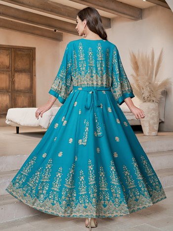 Μποέμ μακρύ φόρεμα με στρογγυλό λαιμό, μανίκια φανάρι 3/4, Α-γραμμή, πολυεστέρας 95%+