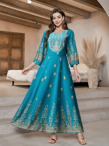 Μποέμ μακρύ φόρεμα με στρογγυλό λαιμό, μανίκια φανάρι 3/4, Α-γραμμή, πολυεστέρας 95%+