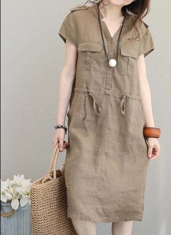 Рокля от памук и лен с поло яка, тясна талия, дамски OL Commuter стил; основен плат полиестер 71–80%, лято 2022