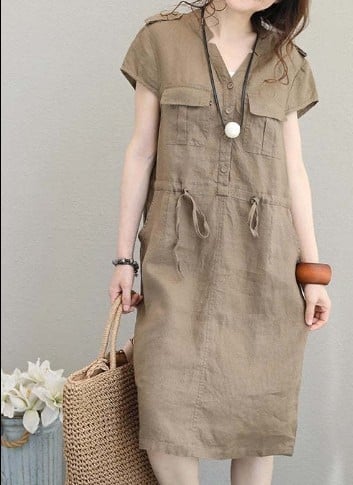 Рокля от памук и лен с поло яка, тясна талия, дамски OL Commuter стил; основен плат полиестер 71–80%, лято 2022