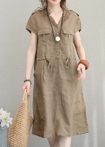 Рокля от памук и лен с поло яка, тясна талия, дамски OL Commuter стил; основен плат полиестер 71–80%, лято 2022