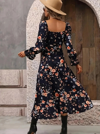 Φόρεμα με τετράγωνο γιακά, μακριά φούστα, μανίκια 3/4, πολυεστέρας, φθινόπωρο 2024