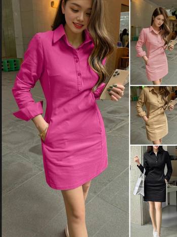 Φόρεμα σε ιαπωνο-κορεατικό casual στυλ με σταθερό γιακά, μίντι μήκους φούστα, πολυεστέρας