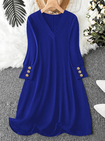 Женска плетена рокля с V-образно деколте, прав силует, средна дължина, дълги ръкави, елегантен стил, полиестер 95%+, Есен 2024