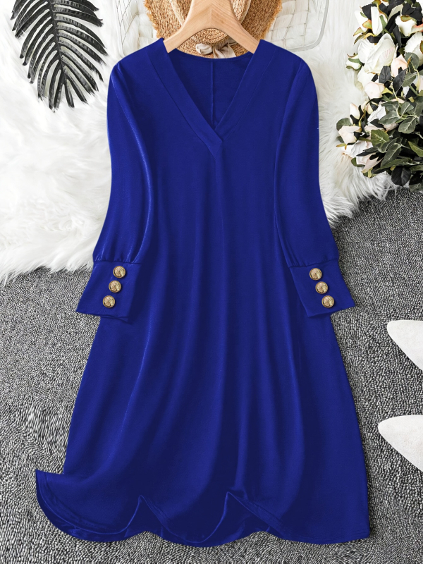 Женска плетена рокля с V-образно деколте, прав силует, средна дължина, дълги ръкави, елегантен стил, полиестер 95%+, Есен 2024