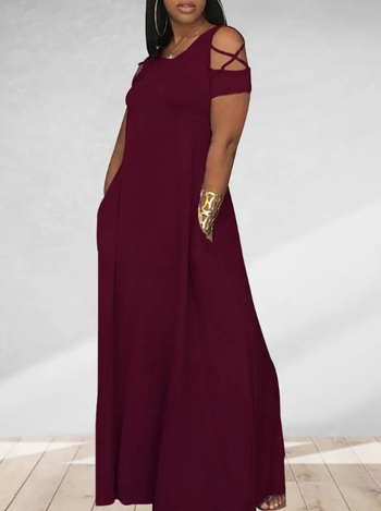 Γυναικεία μακρύ φόρεμα με ανοιχτούς ώμους, στρογγυλός λαιμός, πολυεστέρας με σπαντέξ (95%+ / <30%), καλοκαίρι 2024, street fashion