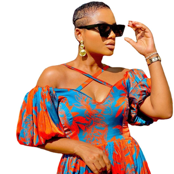 Φόρεμα με εκτύπωση, πλισέ, χωρίς πλάτη, λαιμόκοψη V, από πολυεστέρα